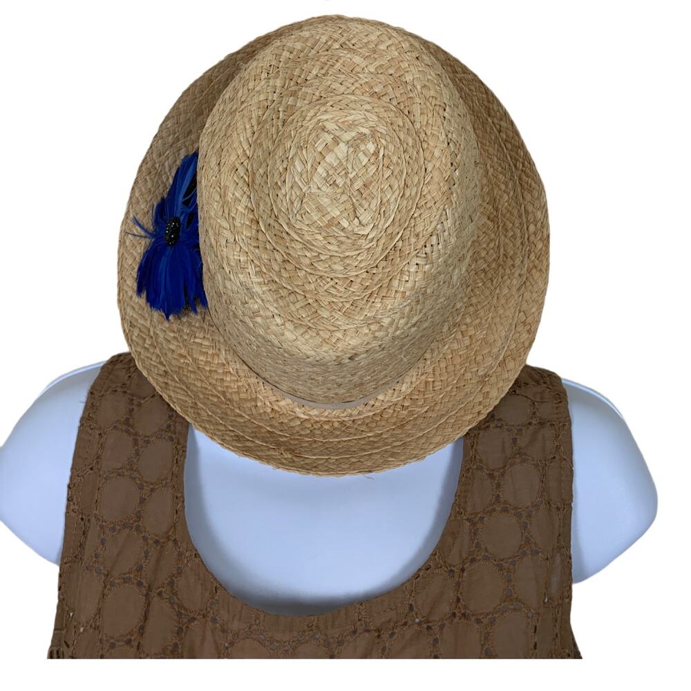 Woven Straw Raffia Fedora Hat With Feather Pin One Size Cottagecore Twee